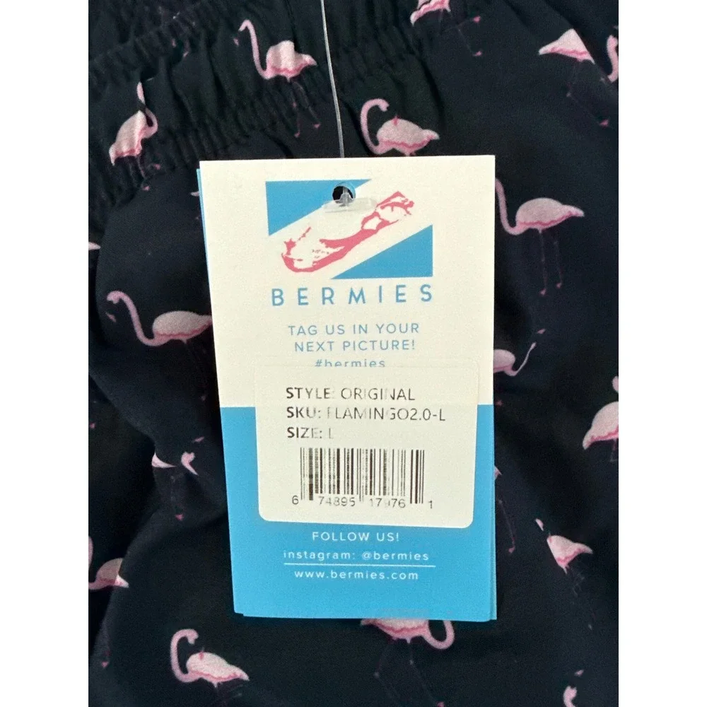 Bermies Mens Original Cut Swim Trunks Navy Pink Flamingo FLAMINGO2.0-L Large NEW